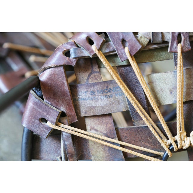 A Set of 4 1940's Swift and Monell Woven Leather and Iron Stools Mid Century Modern For Sale - Image 16 of 17