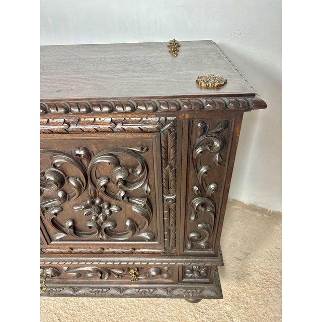 1930s Spanish Carved Blanket Chest, Renaissance Revival Style For Sale - Image 6 of 16