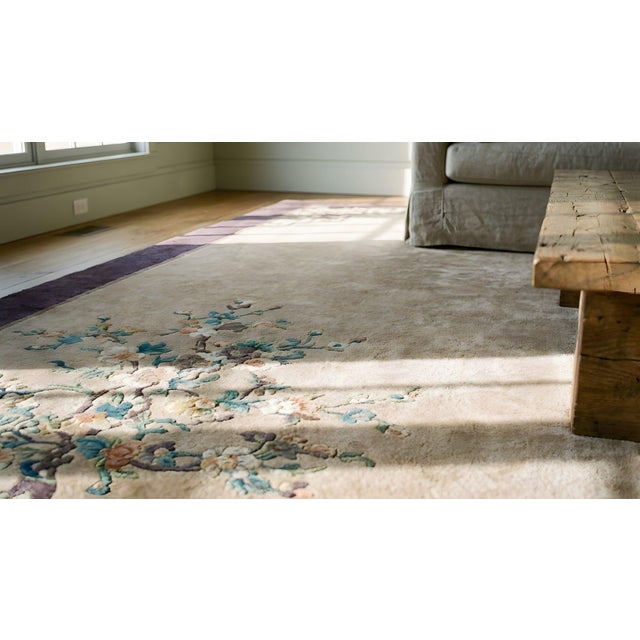 1920s Tan Sand Chinoiserie Antique Chinese Art Deco Carpet 9'3'' X 11'8' Wool Knotted Rug For Sale - Image 10 of 12