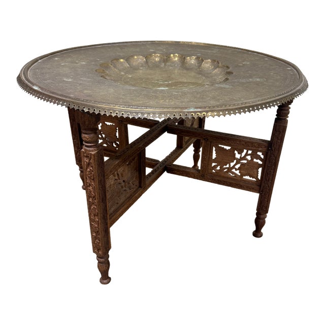 Moroccan Style Brass Tray Teak Table For Sale