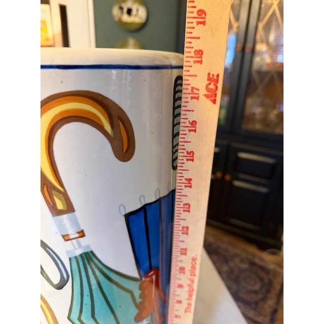 Ceramic Hand Painted Postmodern 80s Ceramic Umbrella Holder Fornasetti Style Graphic Art For Sale - Image 7 of 8