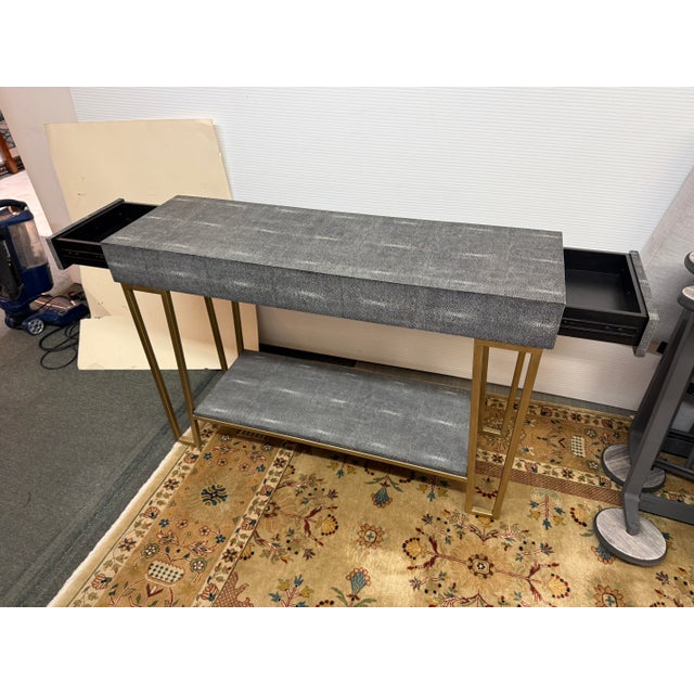 2010s Currey & Company Faux Shagreen + Brass Console Table For Sale - Image 5 of 12