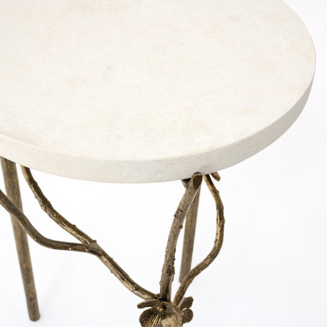 Stone Aged Silver Modern Cherry Blossom Accent Table Travertine For Sale - Image 7 of 7