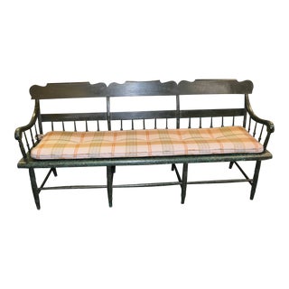 1960s Shabby Green Wood Long Deacon's Bench With Arms & Custom Cushion Garden / Patio For Sale
