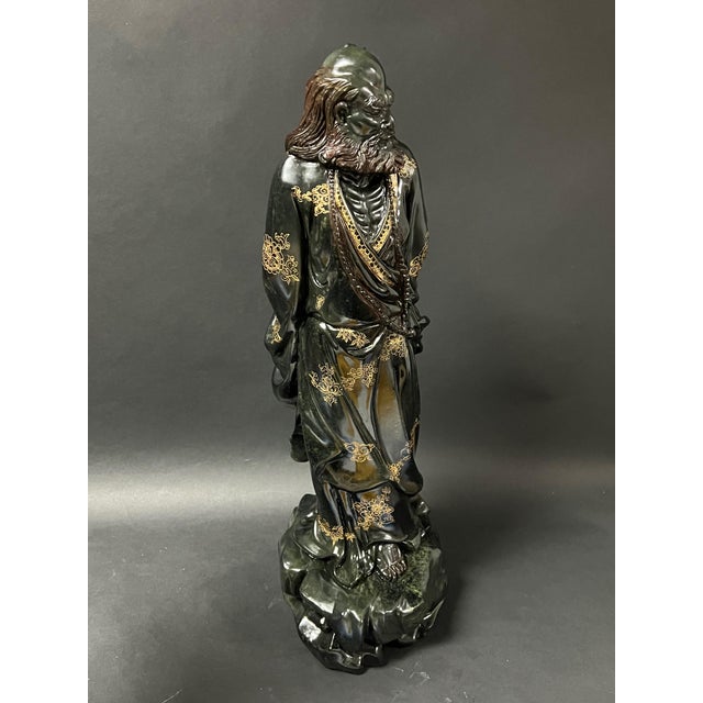Late 20th Century Chinese Art Large Carved Dark Green Soapstone Bodhidharma Statue For Sale - Image 5 of 13