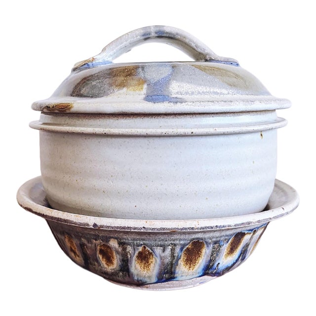Vintage Signed Praise God Rob Pottery Pair — Soup Tureen and Bowl For Sale