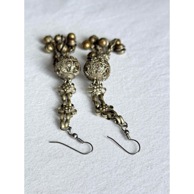 Vintage 1990s Bohemian Silver Brass Tone Filigree Bell Drop Earrings, Pair For Sale - Image 4 of 8