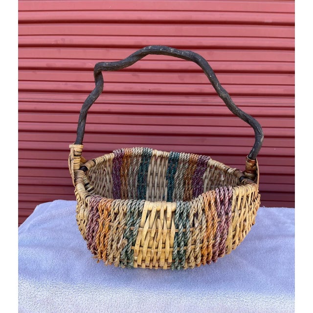 Rustic Multi-Colored Wavy Branch Woven Rattan/Raffia Basket For Sale In Palm Springs - Image 6 of 6