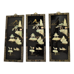 Vintage Black Lacquered Coromandel Wall Hanging Panels - Set of Three