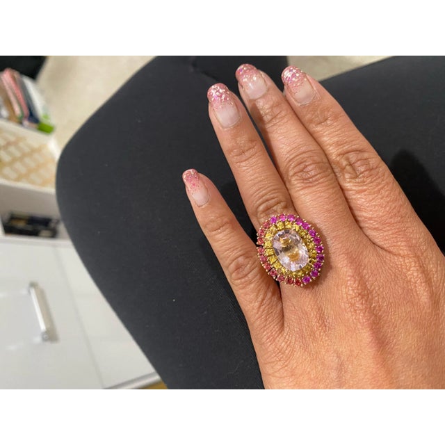 6.32 Carat Natural Pink Morganite Sapphire Yellow Gold Cocktail Ring, Size 7 For Sale - Image 9 of 9