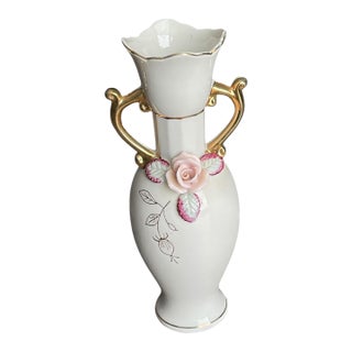 Vintage Ceramic Japanese Bud Vase With Applied Pink Roses,Leaves, and Gilt Handles For Sale