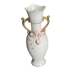 Vintage Ceramic Japanese Bud Vase With Applied Pink Roses,Leaves, and Gilt Handles