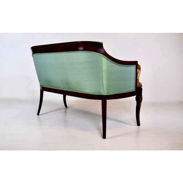 French Empire Style Curved Walnut Settee With Dolphin Arms, New Green Silk For Sale - Image 12 of 13