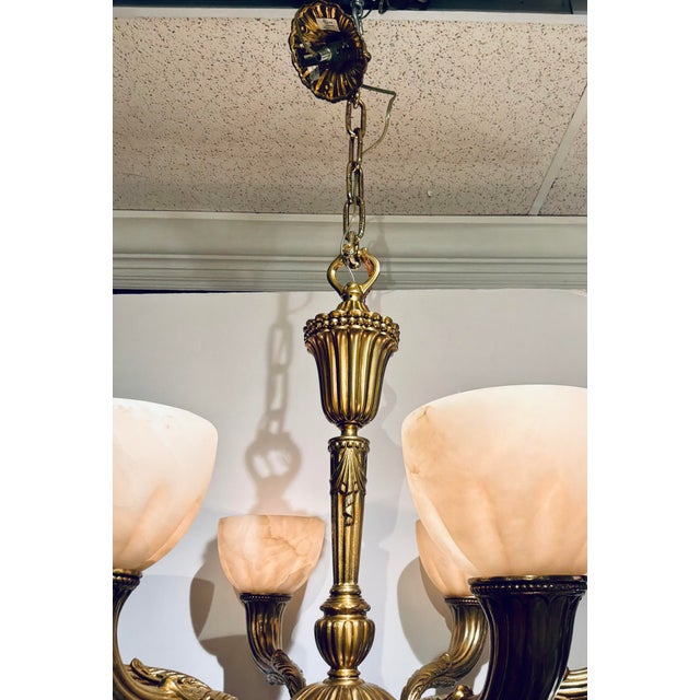 1990s Myran Allan Luxury Lighting Neoclassical Bronze and Alabaster Chandelier For Sale - Image 5 of 6
