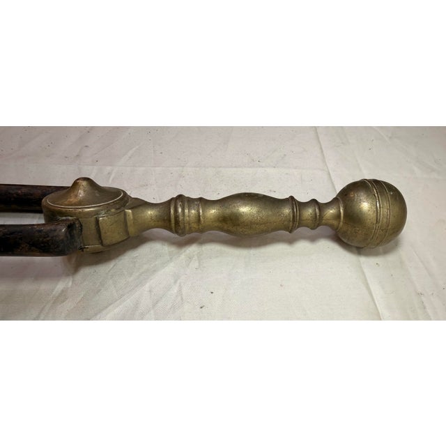 English Antique 18th Century Wrought Iron Turned Brass English Fireplace Tongs Tool 4 For Sale - Image 3 of 9