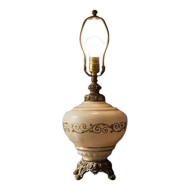 1950s Falkenstein White With Gold Design Table Lamp Brass For Sale