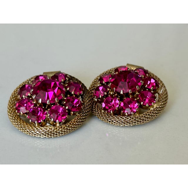 Weiss Vintage Weiss Magenta Pink Rhinestone Earrings Gold Tone Rhinestone Cluster Clip-Ons, A Pair For Sale - Image 4 of 14