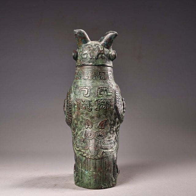 Late 19th Century Bronze Owl-Form Ritual Vessel With Lid, 1850g, Archaic Motifs For Sale - Image 4 of 10