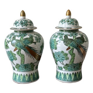 Vintage Hand Painted Green and White Imari Lidded Jars— A Pair For Sale