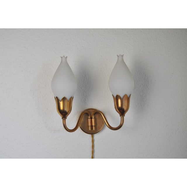 Metal Brass and Opaline Glass Tulip 2-Arm Wall Lamp from Fog & Mørup, 1950s For Sale - Image 7 of 7