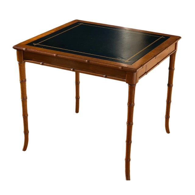 Late 20th Century Carved Walnut & Black Tooled Leather Faux Bamboo Game Table For Sale - Image 18 of 18