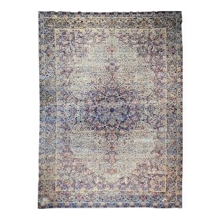 19th Century Oversized Kerman Lavar Rug, Hand-Knotted Wool, Floral Pattern, Ivory & Blue,11x17 For Sale