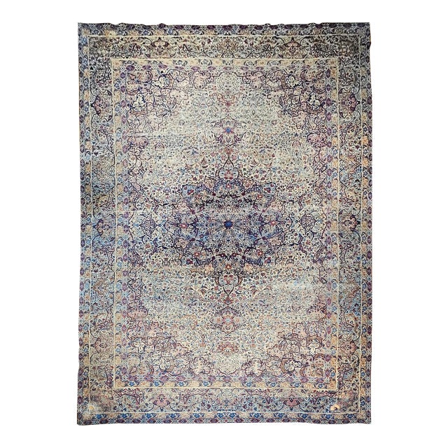 19th Century Oversized Persian Kerman Lavar Rug, Hand-Knotted Wool, Floral Pattern, Ivory & Blue,11x17 For Sale