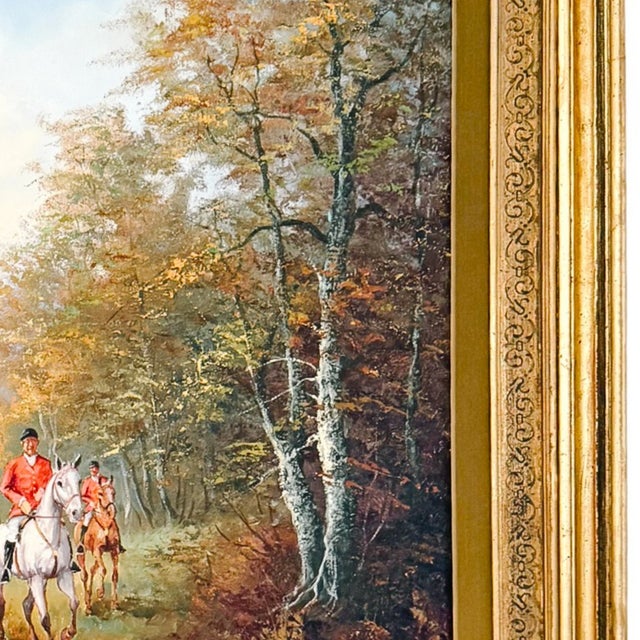 Vintage Large Scale English School Equestrian Fox Hunt Oil Painting in Giltwood Frame, Signed For Sale - Image 4 of 10