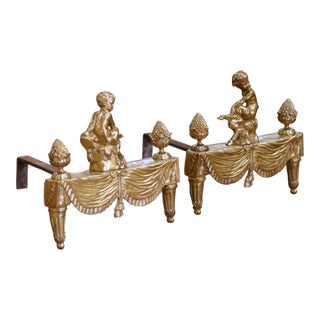 Pair of 19th Century French Louis XVI Bronze Doré Andirons With Seated Putti For Sale