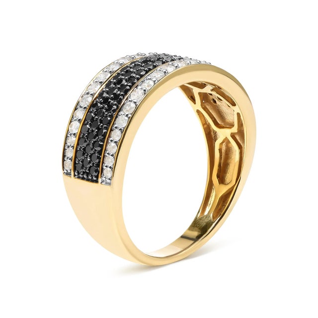 Contemporary 14K Yellow Gold Plated .925 Sterling Silver 1 1/4 Cttw White and Black Treated Diamond Multi Row Band (Black/I-J Color, I2-I3 Clarity) - Size 9 For Sale - Image 3 of 6