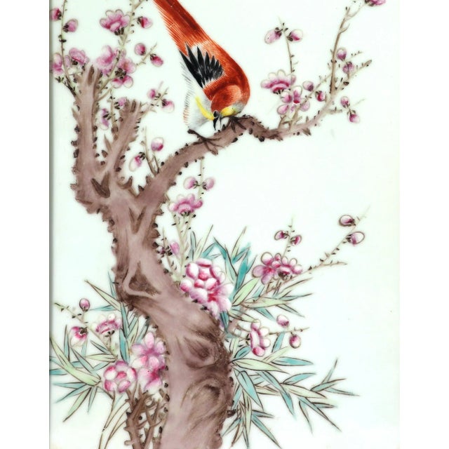 Chinese Famille Rose Plaque, Long-Tailed Bird on Flowering Peach Branch For Sale In Philadelphia - Image 6 of 8