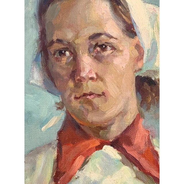 Soviet Woman Portrait, Antique Oil Painting, Ukrainian Artist (1961) 39-28 For Sale - Image 4 of 6