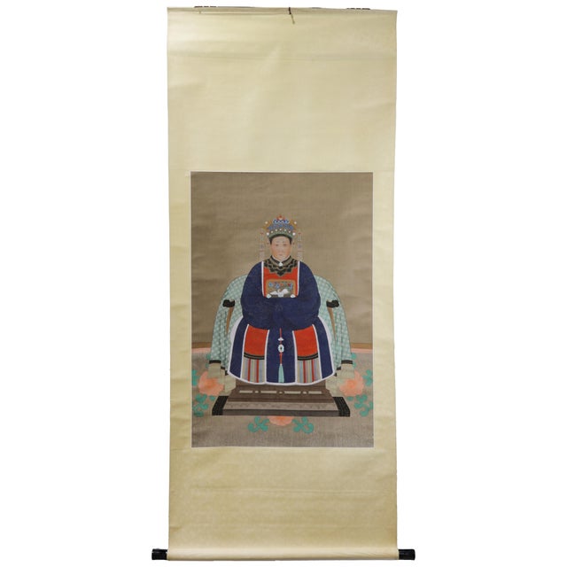 Vintage Chinese Imperial Consort Ancestor Portrait Scroll Painting on Silk in Blue Robe For Sale - Image 15 of 15