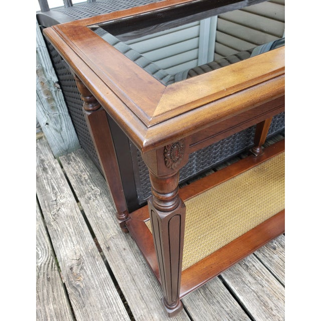 Brown 1970s Mid Century Two Tier Walnut Glass Faux Cane Console Sofa Table For Sale - Image 8 of 10