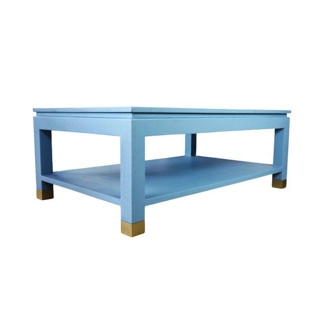 Karl Springer Style Modern Light Blue Linen-Raffia Coffee Table. With Four Brass Sabot For Sale - Image 9 of 10
