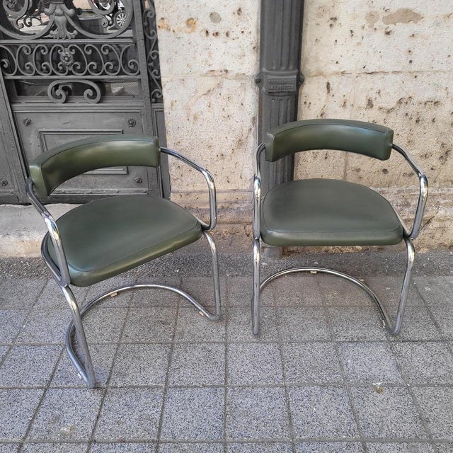 Modern Bauhaus Armchairs in Chromed Steel and Green Leather, Switzerland, 1970s, Set of 2 For Sale - Image 10 of 18