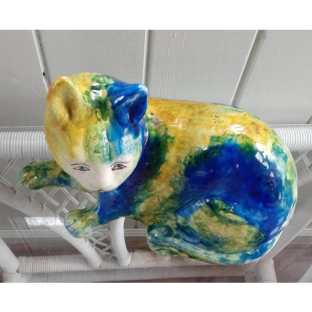 Ceramic Mid-Century Italian Majolica Cat Sculpture in Blue & Green Glaze For Sale - Image 7 of 8