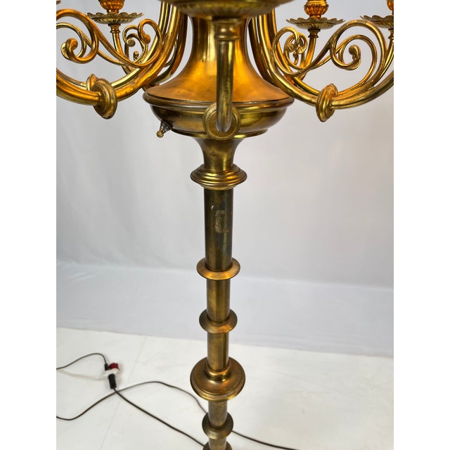 Mid 20th Century Mid 20th Century Neoclassical 10-Light Brass Candelabra Floor Lamps With Shades - a Pair For Sale - Image 5 of 17