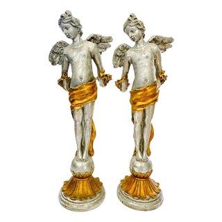 Monumental 24" Italian Baroque Style Silvered & Parcel-Gilt Cherub Candleholders - A Pair For Sale