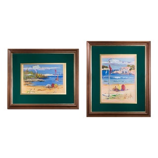 Joan Sarquella Oliveras, Costa Brava Beach Scenes, 1970s, Oil on Board Paintings, Set of 2 For Sale