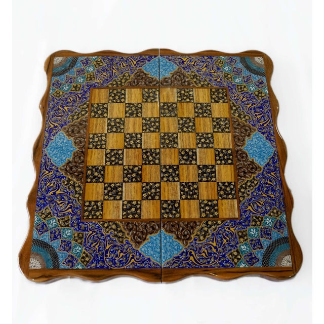 2020s Hand-Painted Tazhib Chess & Backgammon Set, Indigo and Turquoise, One-of-One For Sale - Image 5 of 5