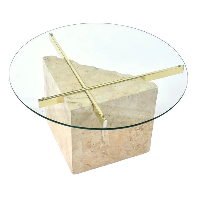 Postmodern Round Glass Topped Tessellated Stone Brass Cantilever Coffee Table or Side Table For Sale - Image 3 of 15