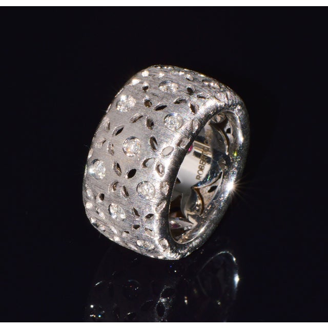 Authentic Roberto Coin Granada natural diamond 18K solid white gold wide band ring. This finely crafted 18K solid white...