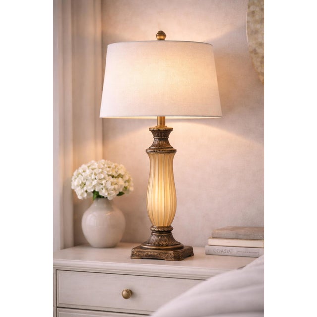 Late 20th Century Neoclassical Revival Fluted Glass Table Lamps With Bronze Bases, 30” - a Pair For Sale - Image 4 of 6