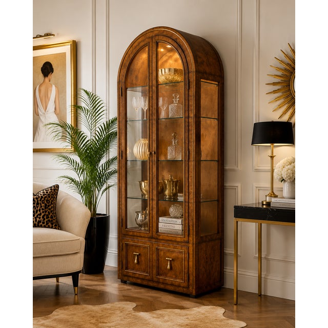 Exceptional vintage display cabinet confidently attributed to Mastercraft, featuring a dramatic arched silhouette clad in...