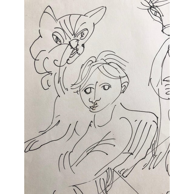 Modern Moshe Avni, Vintage Israeli Bezalel School Drawing Surrealist Boy with Animals Kibbutz Life, c.1960's For Sale - Image 3 of 6