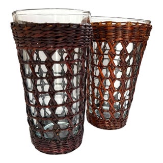 Vintage Wicker-Wrapped Glass Tumblers With Removable Sleeves - Set of 2 For Sale