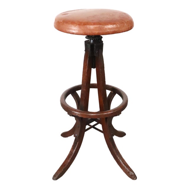 Antique Industrial Adjustable Oak Drafting Stool For Sale