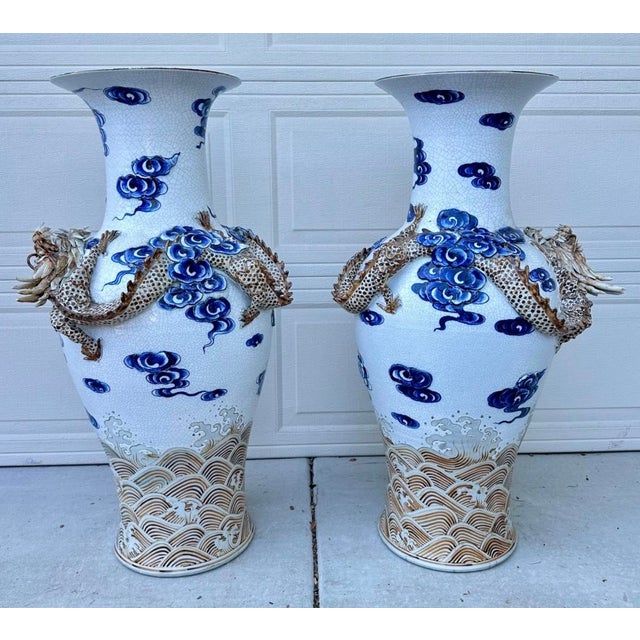 A Pair of Large Exquisite Rare Antique Chinese Raised Relief Dragon Vases Dimensions: 36" H x 21" W (Each) Material:...