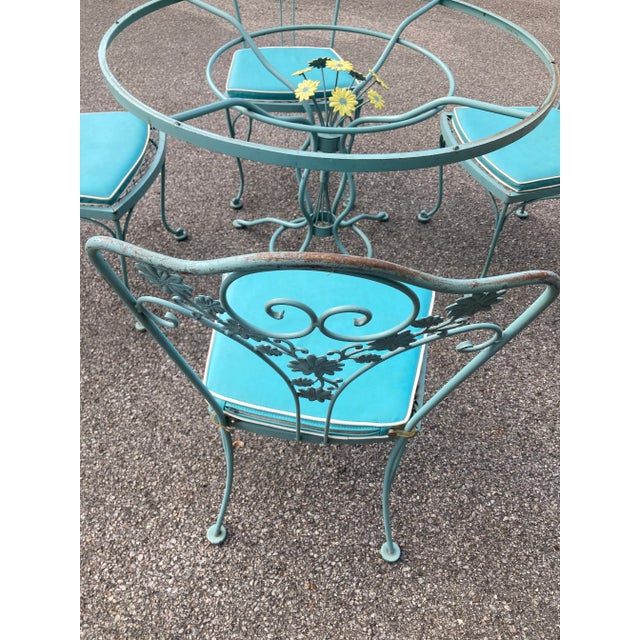 Metal Vintage Woodard Wrought Iron Blue Daisy Patio Table & 4 Chairs For Sale - Image 7 of 12